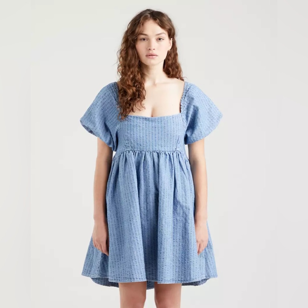 Levi’s S Seersucker Denim Jean Mini Puffed Sleeve Coastal Cowgirl Boho Coquette